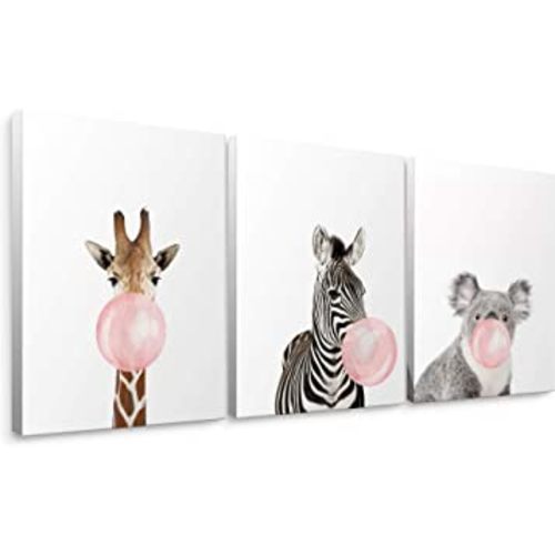 Niwo ART - Giraffe Zebra Koala, Pink Bubble Gum Animals, Canvas Wall Art Home Decor, Gallery Wrapped, Stretched, Framed Ready to Hang (16"x12"x3/4")