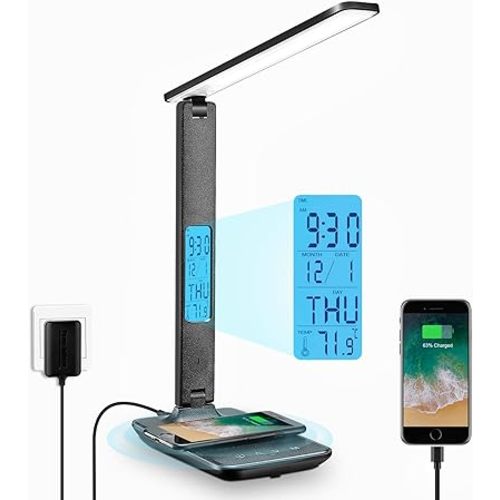 LAOPAO Desk Lamp with Wireless Charger: USB Charging Port, Table Lamp with Clock, Desk Lamps for Home Office College Dorm Room Essentials