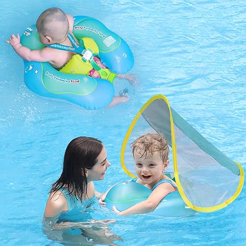 Free Swimming Baby Inflatable Baby Float with Sun Canopy Size Improved Infant Pool Floaties Swimming Pool Toys for The Age of 3-36 Months (Blue, Large)