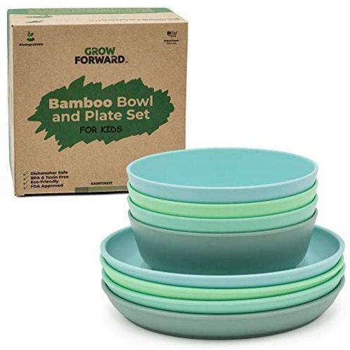 Grow Forward Kids Bamboo Bowl and Plate Set - 4 Bamboo Plates & 4 Bamboo Bowls - Toddler Dishes - BPA Free & Dishwasher Safe - Eco Friendly Biodegradable Reusable Dinnerware (Rainforest)