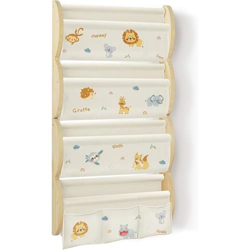wooshwa Wooden Wall Mounted Bookshelf for Kids Rooms, 4 Tier Floating Nursery Book Shelf, Kids Bookshelf with 2 Pockets, Toddler Sling Book Rack with Deep Sleeves (Jungle Animals)