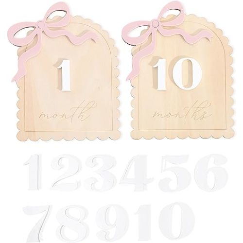 2 Pcs Baby Monthly Milestone Cards - Wooden Photo Props for Newborn, First Year Keepsake (0-12 Months) - New Mom Present, Boy Girl Announcement Sign (Pink Bow)