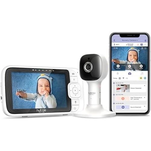 Hubble Connected Nursery Pal Cloud Smart Connected, Wi-Fi Enabled Baby Monitor with 5-Inch HD Color Parent Unit Viewer, Soothing Sounds and White Noise, 7-Color Night Light, Wall Mount, White