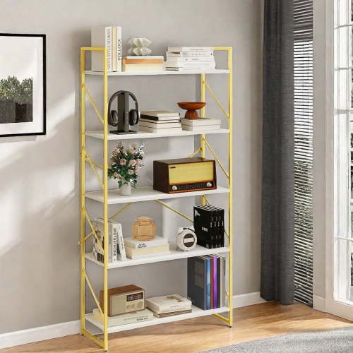 Uforic 5 Tier Bookshelf, Modern Gold& White Bookcase, Open Bookcase Storage Organizer for Bedroom, Living Room and Home Office, Gold