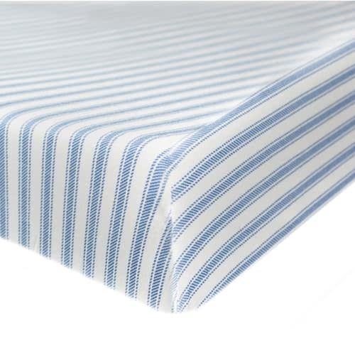 HonestBaby Fitted Crib Sheets Fits Standard Mattress Bassinet, Mini Prints 100% Organic Cotton Baby Boys, Girls, Unisex, Blue Ticking Stripe, One Size