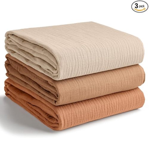 Comfy Cubs Muslin Swaddle Blankets Pack of 3, 42 x 42 Inch Soft 100% Cotton Baby Blanket Set, Large Wraps for Newborns - Self-Soothing Swaddles for Newborns - Sand, Cedar, Caramel