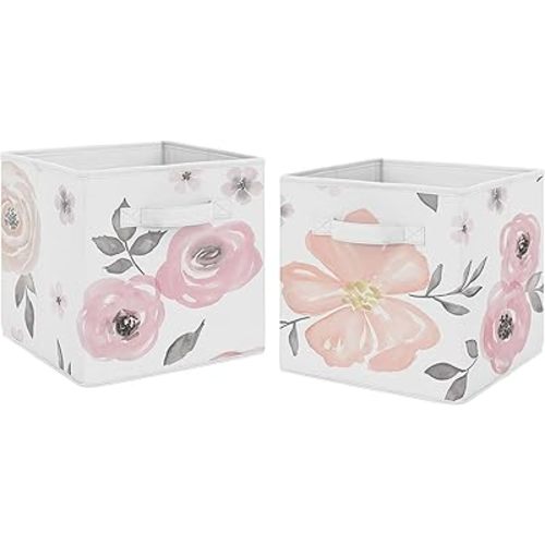 Sweet Jojo Designs Pink and Grey Watercolor Floral Foldable Fabric Storage Cube Bins Boxes Organizer Toys Kids Baby Childrens for Collection Set of 2