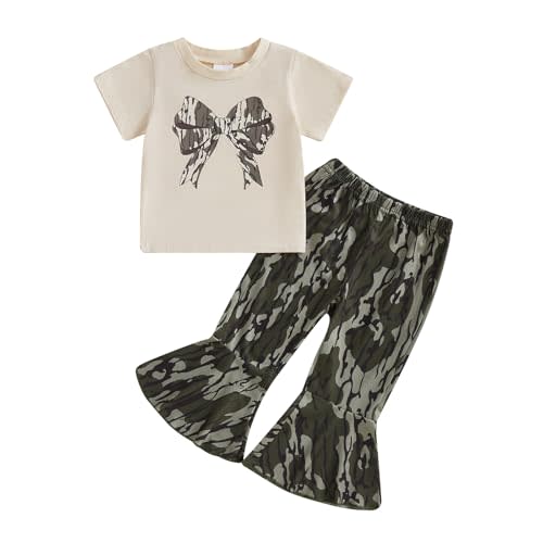 Gaono Toddler Baby Girl Hunting Camo Outfits Mallard Duck Print T-shirt Camouflage Flare Pants Set Bow Bell Bottom Outfit