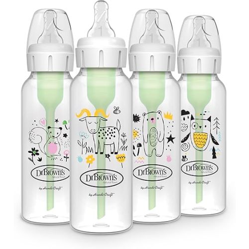 Dr. Brown's Natural Flow Anti-Colic Options+ Narrow Baby Bottle, 8 oz/250 mL, with Level 1 Slow Flow Nipple, BPA Free, 0m+, Squirrel, Goat, Bear, Owl, 4-Pack