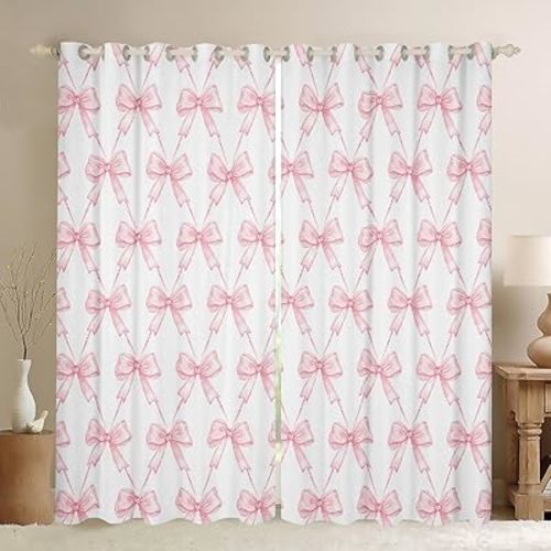 Feelyou Bow 30%-50% Room Darkening Blackout Curtain Boys Girls (2 Panels, 42 x 84 Inch) Pink Girls Bow Curtains for Bedroom Living Room Cute Bowknot Blackout Curtains Kawaii Window Treatments