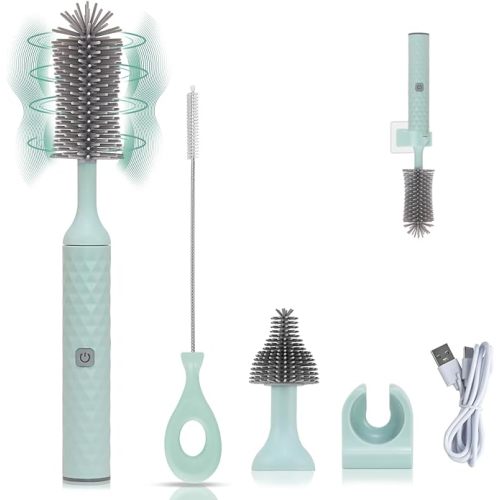WHNL Rechargeable Electric Bottle Brush Cleaner Set with 3 Piece Silicone Baby Bottle Brush Cleaner and Straw Cleaner Brush,BPA Free,Waterproof,Perfect Baby Registry Gift,Blue