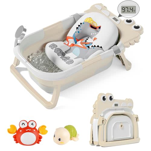TPN Collapsible Baby Bathtub for Infants to Toddler with Real-time Temp Monitor+Floating Cushion,Foldable Baby Bath Tub Set Applicable 0-36 Month,Perfect Portable Travel Baby Tub for Newborns Boy