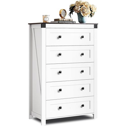 WLIVE Farmhouse White Dresser for Bedroom, 5 Drawer Dresser Storage Organizer, Tall Wood Dressers with Double Rustic Handle, Chest of Drawers for Living Room, Hallway, Closet