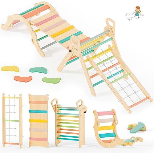BlueWood 10-in-1 Pikler Triangle Set, Toddler Climbing Toys Indoor, Montessori Climber, Baby Jungle Gyms with Arch, Extra Rope Ladder & Footprint Balance Beam - Rose Garden
