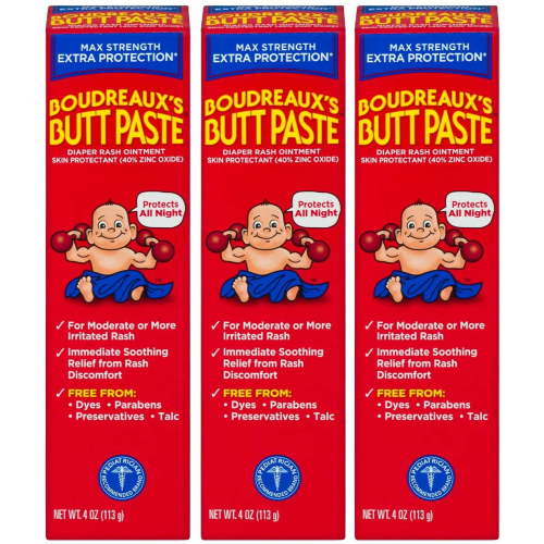 Boudreaux's Butt Paste Maximum Strength Diaper Rash Cream, Ointment for Baby, 4 oz Tube, - 3 Pack