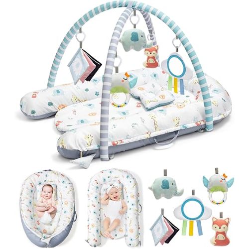 Baby Play Mat, 7-in-1 Tummy Time Activity Gym Mat, Washable Baby Lounger Nest, Portable Floor Seat for Home & Travel, Baby Essentials Gift for Infant Newborn 0-6-12-18 Months
