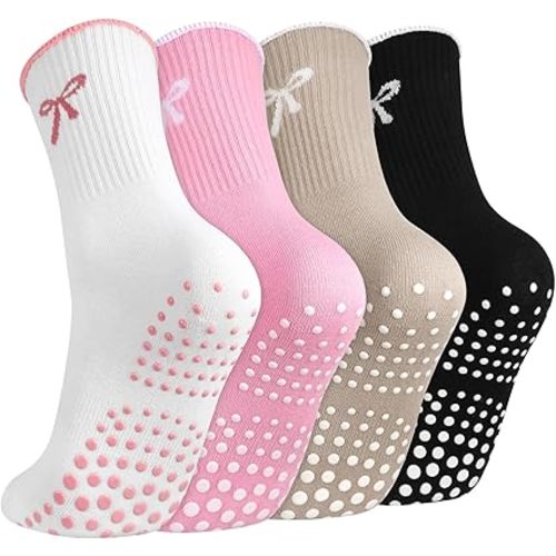 4 Pair Pilates Grip Socks for Women, Cute Non-Slip Yoga Socks with Grippy Dots & Arch Support for Ballet Reformers