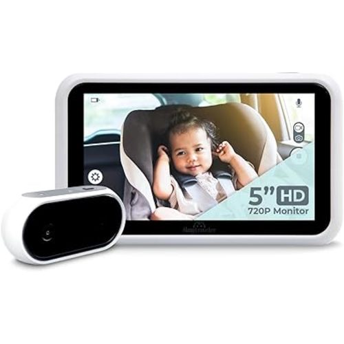 Tiny Traveler 5” HD Touch Screen Baby Car Monitor – Hackproof, No WiFi Baby Camera for Car and Home – Rear-Facing Car Seat Monitor with Night Vision Headrest or Clamp Mount Baby Reminder Alert - White