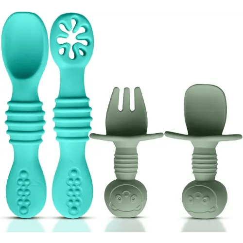4pc Silicone Baby Spoons Self Feeding Baby Utensils 6-12 Months - 3 Baby Spoon - 1 Baby Fork - Toddler Cutlery Set - BPA Free, Dishwasher Safe - Baby Eating Essentials (Turquoise/Pickle)