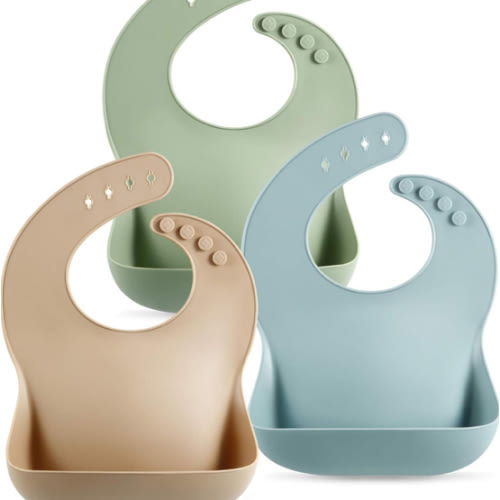 PandaEar Set of 3 Silicone Baby Bibs Waterproof, Soft, Unisex, 10-72 Months (Brown/Blue/Green)