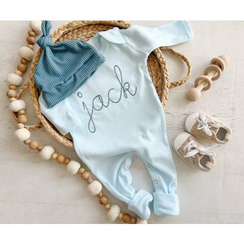Personalized baby blue romper with hat, custom baby boy coming home outfit, baby shower gift, hospital outfit