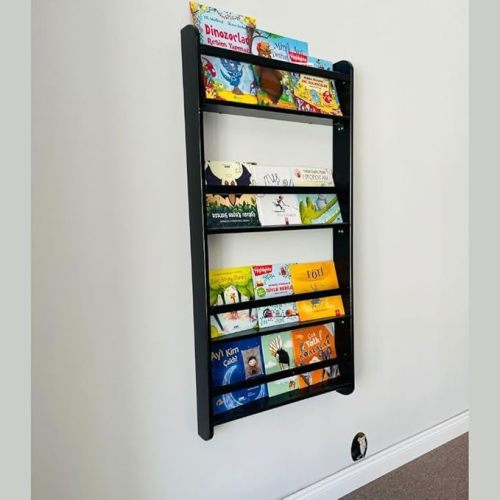Handmade Solidwood Wall Mounted Montessori Kids Bookshelf, Solid Pine 4 Tier Book Display for Children Bedroom, Nursery Furniture Bookcase, Pine Tree Book Organiser for Living Room (Chestnut)