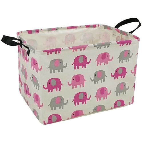 Elephant Print Rectangular Storage Bin Shelf Basket Canvas Fabric Toy Box,Waterproof Coating Nursery Hamper with Handles,Gift Basket for Home,Office,Clothes,Books(pink grey elephant)