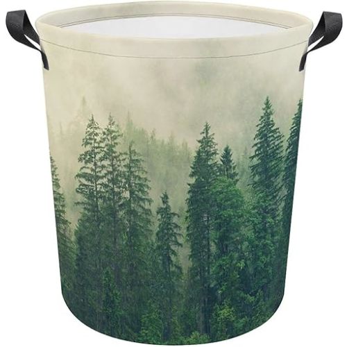 Misty Forest Laundry Basket,Retro Foggy Mountain Green Forest Tree Woodland Misty Cloudy Nature Landscape Laundry Clothes Hamper for Dorm Bathroom Bedroom Clothing Clothes Toys