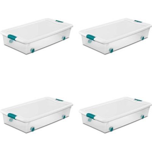 Sterilite 56 Qt Wheeled Latching Storage Box, Stackable Bin with Latch Lid, Plastic Container to Organize Underbed, Clear with White Lid, 4-Pack