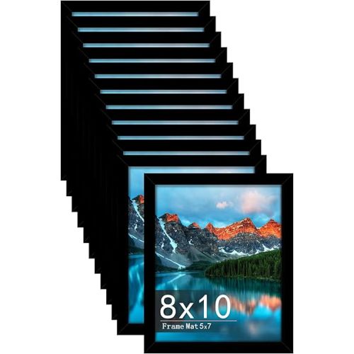 Picrit 8x10 Picture Frame Set of 12, Display 5x7 with Mat or 8x10 Without Mat, Photo Frames for Wall Mounting or Table Top Display, Black.