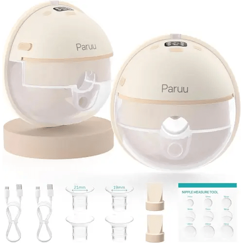 Paruu Hands Free Breast Pump P16, Wearable Breast Pump Electirc Portable with 4 Modes & 12 Levels, Max 309mmHg Strong Suction 19/21/24mm Flange Inserts Wearable Breastfeeding Pump, 2 Pack（Nude