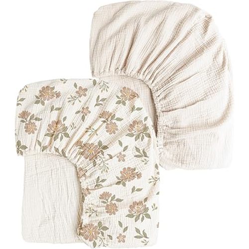 Konssy Muslin Crib Sheets 2 PCS, 100% Cotton Baby Crib Sheets for Standard Crib Mattress (28"x 52"), Soft and Breathable for Boys, Girls (Petal,Cream)