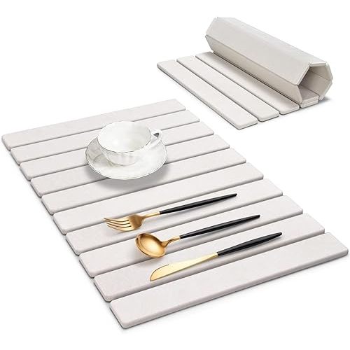 Large Stone Dish Drying Mats for Kitchen Counter, 24"(L)×16"(W), Fast Drying Collapsible Dish Drying Mat, Eco-Friendly Absorbent Diatomaceous Earth Mats for Dishes Bottles Cups, Match Any Countertop