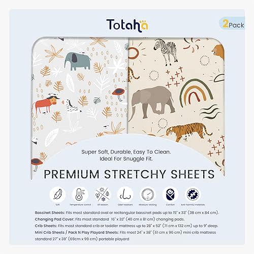 TotAha Jungle Animal Crib Sheets for Girls Boys 2 Pack, Fitted Baby Crib Sheet Neutral for Standard Crib Mattress & Toddler Bed Mattress (52"x28"), Ultra Soft Baby Sheets
