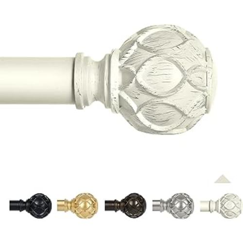 Antique White Curtain Rods for Windows 48 to 84 Inch(4-7ft),1 Inch Adjustable Curtain Rod,Heavy Duty Curtain Rods,Netted Texture Finials Drapery Rods,Window Curtain Rod 36-88",Ivory White