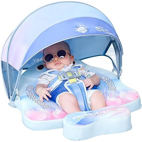 2025 Bed Floating Mambobaby Non Inflatable Baby Float with Canopy Skin-Friendly Relaxing Infant Pool Float Solid Swim Pool Float Mambo Float Swim Trainer with Tail Swim Ring for Baby Aged 3-24 Months