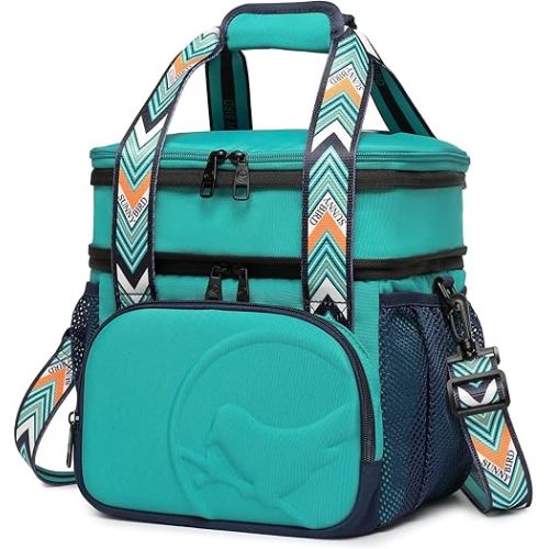 SUNNY BIRD Dual Compartment Lunch Bag, 13L Insulated Adult Lunch Box for Work (Turquoise Green)