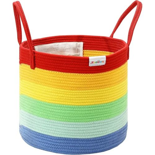Zooawa Rainbow Storage Cotton Rope Baskets - Baby Room & Classroom Laundry Basket Organizer, 15" x 14"