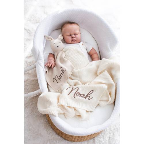 Baby Blanket,2 pieces Set, Custom Name, Stroller Blanket, Newborn Baby Gift, Soft Breathable Cotton Knit, Neutral color baby blanket set. Select 1 name+bunny