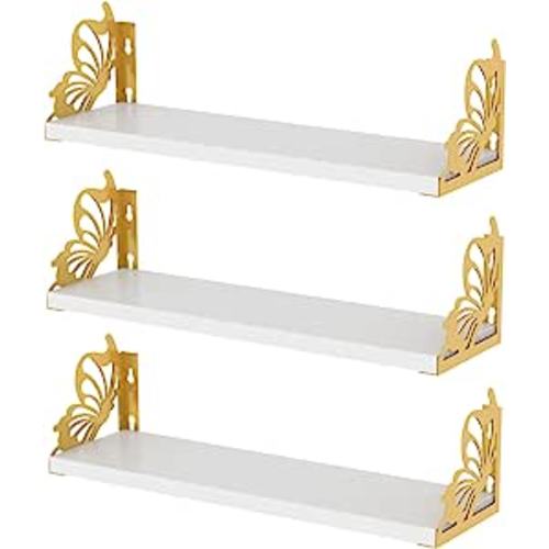 3 Pack Butterfly Wall Shelves, White Gold Floating Book Shelves