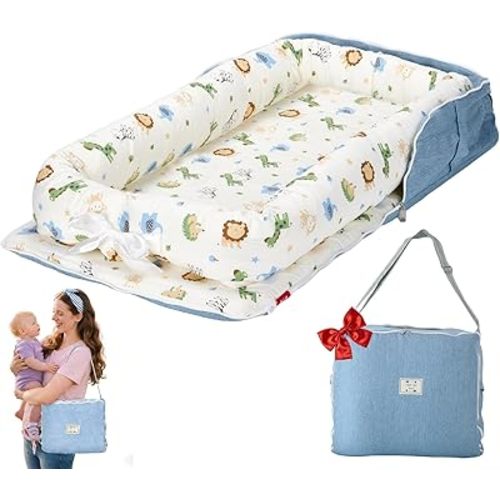 Baby Lounger for Newborn-Portable Baby Lounger 0-24 Months for Home and Travel,Newborn Loungers with Strap, Baby Nest Lounger Adjustable Size,Animal World Blue