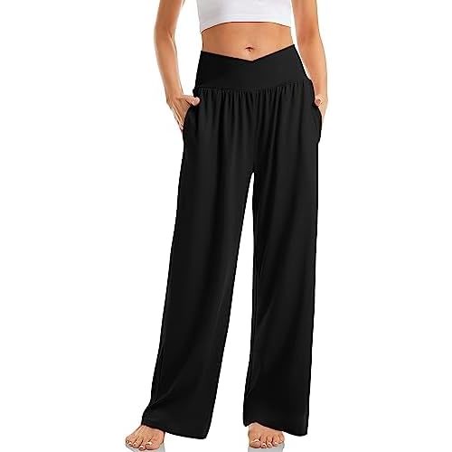 TARSE Women's Wide Leg Casual Loose Pants Yoga Sweatpants Comfy Crossover High Waisted Lounge Pajama Flowy Pants with Pockets