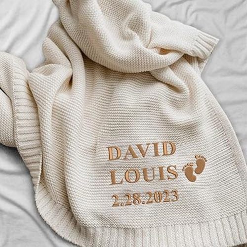 LOVELYPOD Personalized Baby Girl Knit Blanket, Custom Embroidered with Name and Icon, 30x40in Nursery Blanket Gifts for Newborn Baby Girl, Newborn Holiday Shower Gift, Cotton Knit Stroller Design 03