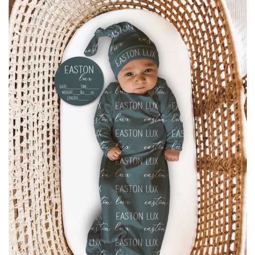 BABY NAME Swaddle Blanket, Baby Gown, Hat, Headband, Birth Stat Sign Set