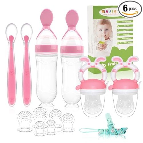 Baby Fruit Feeder Pacifier - 6 Pack | 2 Infant Food Feeder Pacifier & 2 Baby Food Dispensing Spoon | Fresh Fruit Teethers for Babies | Silicone Feeder Babies,Infant Teething Feeders -Pink