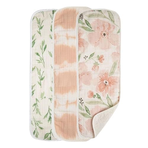 Crane Baby Muslin Baby Burp Cloths, Lightweight Absorbent Burp Cloth, Pink Floral, Set of 3, 7” x 20”, Newborn Baby Essentials, Burp Cloths Baby Boy, Burp Cloths Baby Girl, Baby Newborn Essentials