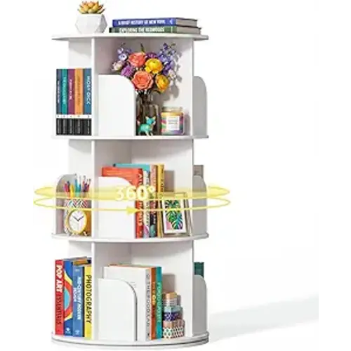 DUMOS 3 Tier Rotating Bookshelf Tower, Study Spinning Bookshelf for Small Space, 360° Display Revolving Bookcase Lazy Susan, Freestanding Vertical Corner Book Shelf for Bedroom, Living Room, White