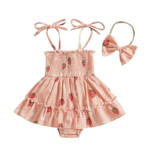 Sasaerucure Newborn Infant Baby Girl Smocked Bubble Romper Dress Summer Sleeveless Strap Onesie Pink Strawberry Bodysuit +Bow