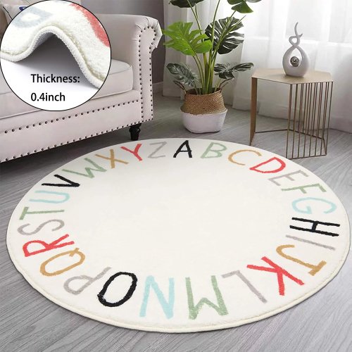 Findosom 4' Round Kids Play Rug, Non-Slip Large Soft Alphabet Nursery Crawling Kids Play Rug Mat 0.4" Thickness Floor Area Rug Educational Learning Game Play Rug, White