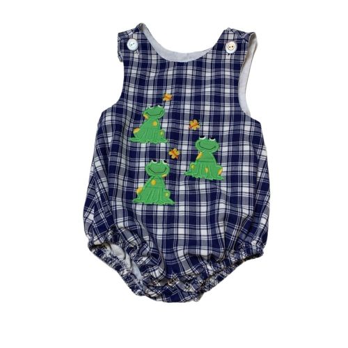 Kelly’s Kids Boys Blue Plaid Frog Embroidered Romper 6M